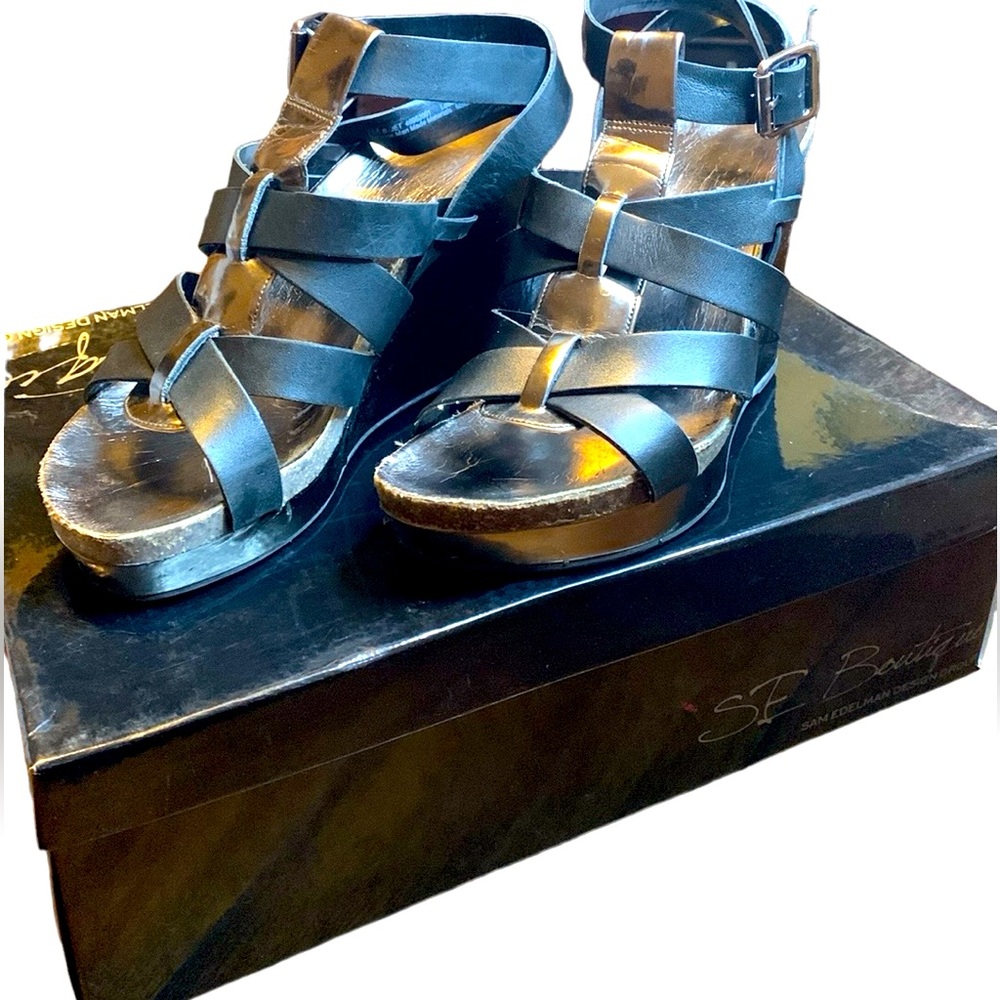 Sam Edelman Design SE Boutique Pewter Chrome & Black Strappy Platform Wedges